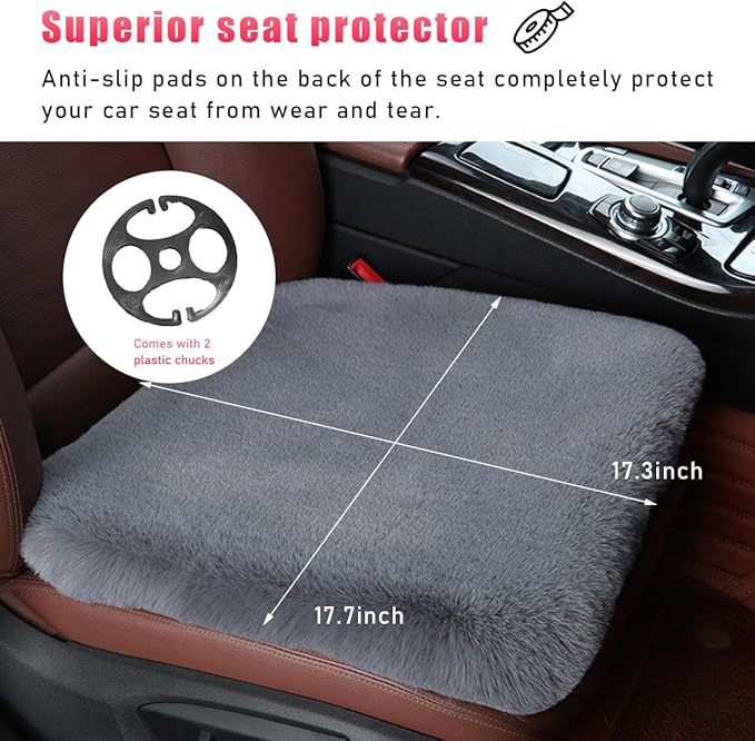 Sheepskin Car Seat Cushion, Comfortable Soft Fur Wool Auto Front Seat Cover, Vehicle Seat Protector Pad for Warm Winter Office Chair, Universal Decor Car Accessories (Gray)
