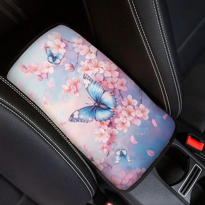 UNICEU Pink Flower Butterfly Car Center Console Armrest Cover for Women Cherry Blossom Auto Interior Decor Neoprene Armrest Box Protector Cover Pad, Scratch Proof Non Slip Automotive Armrest Pads