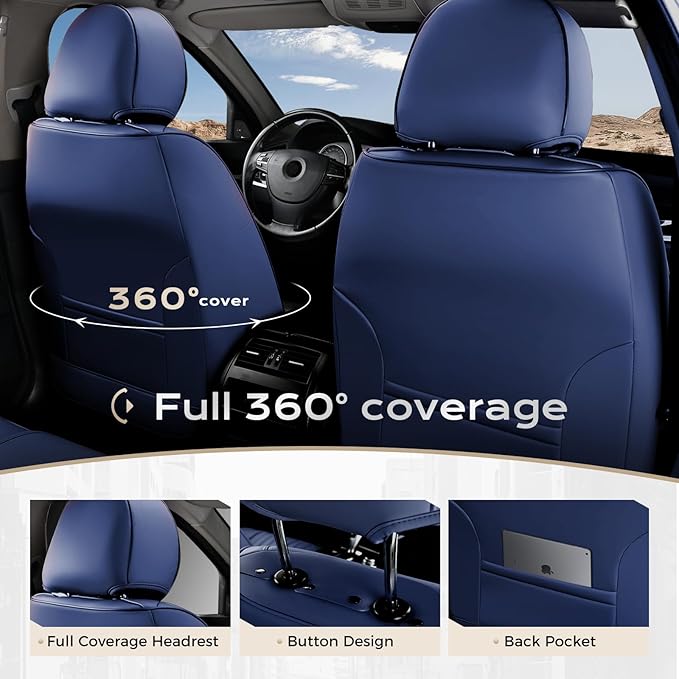 Coverado Car Seat Covers Full Set, Seat Covers for Cars, Car Seat Cover, Car Seat Protector, Leather Car Seat Cushion, Waterproof Car Seat Covers Front Seats and Back Fit for Most Cars(Blue)