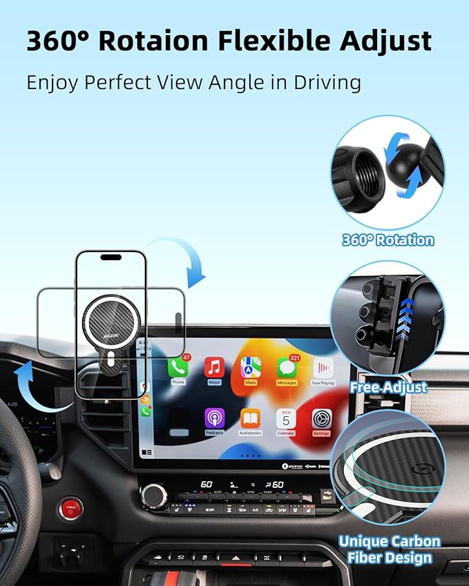 PZK Car Phone Mount for Toyota Tundra 2022-2025 2026 /Sequoia 2023-2026 Limited/Platinum Accessories 14-Inch Screen Magnetic 15W Fast Wireless Charger Car Phone Holder 360° Rotation Not Affect Vent