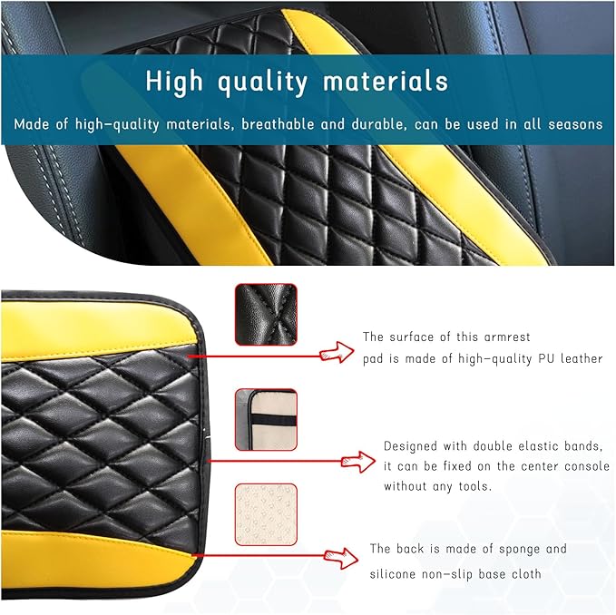 Car Center Console Cushion Pad, Universal Leather Waterproof Armrest Seat Box Cover, Comfortable Auto Armrest Cover Protector, Car Interior Decor Accessories for Most Vehicles (Black & Yellow)
