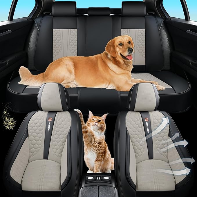 Universal Car Seat Covers, Black and Gray, Premium Nappa Leather, with Lumbar Support, Waterproof, Full Set, Non-Slip, Contoured Fit, Fits Most Vehicles, Upgraded Protection for Car Interiors