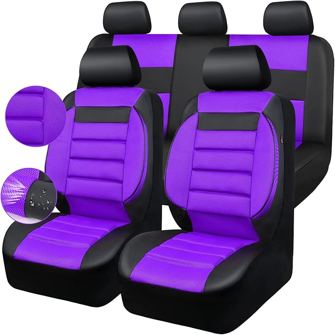 CAR PASS Leather 3D Foam Back Support Car Seat Covers Full Set Air Mesh Automotive Seat Covers, All Season Car Seat Cover Fit Automotive,SUV,Sedan,Van, Airbag Compatible Elegance (Black Purple)