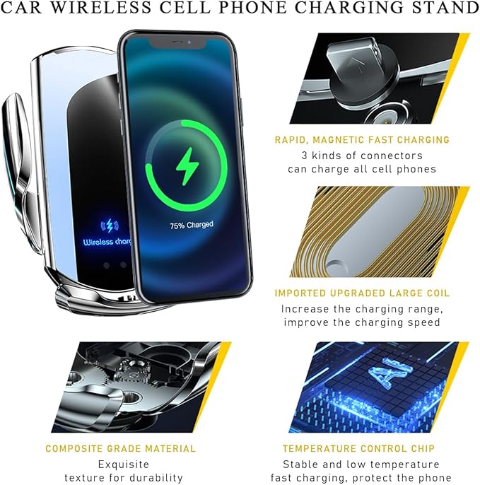 Ohleats Wireless Car Charger Mount, 15W Automotive Electric Wireless Charger Holder, Car Air Vent Mount Bracket Fast Charging for Most Smartphone, Universal Car Accessories (Silver)