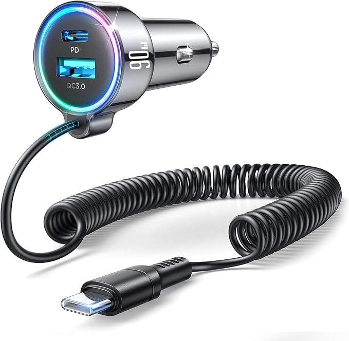 90W Car Charger USB C for iPhone 17/16 Pro Max, PD&QC3.0 w/6.65ft 45W Type Coiled Cable, Fast Car Phone Charger Adapter for iPhone 17Air/15 Pro, Samsung Galaxy S25/S24/S23, Pixel 10/LG/Android, iPad