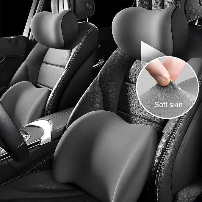 New Car Headrest & Lumbar Support Cushion for Hyundai Santa Fe 2001-2024, Ergonomic Memory Foam Seat Headrest Neck Rest Cushion Breathable Removable Cover for Neck Back Relief,C/Brown