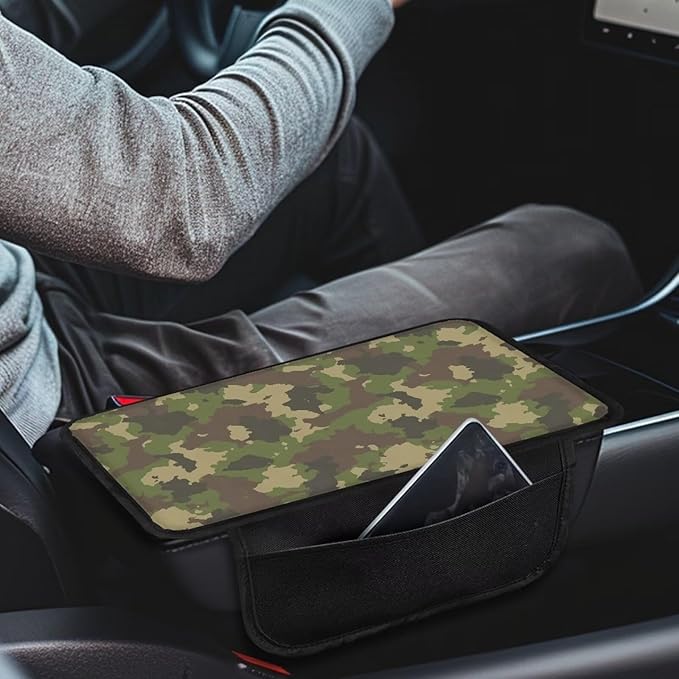 Camo Green Print Center Console Covers for Cars Waterproof Vehicle Armrest Cover Pad Non-Slip Armrest Seat Box Cover Protector Car Decoration Accessories