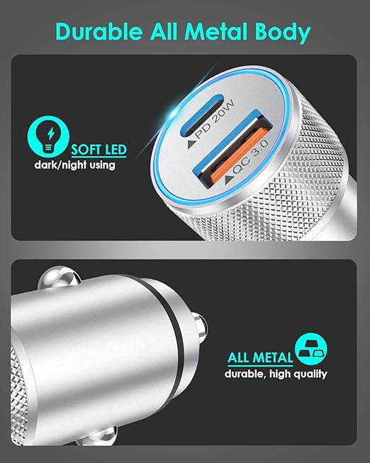iPhone Fast Car Charger,[Apple Certfied] 38W Dual USB C Car Charger Adapter All Metal 2 Port Quick Charging with 2Pack Apple Lightning Cable for iPhone 13 Pro Max Mini 12 11 Xr Xs X 8 AirPods iPad
