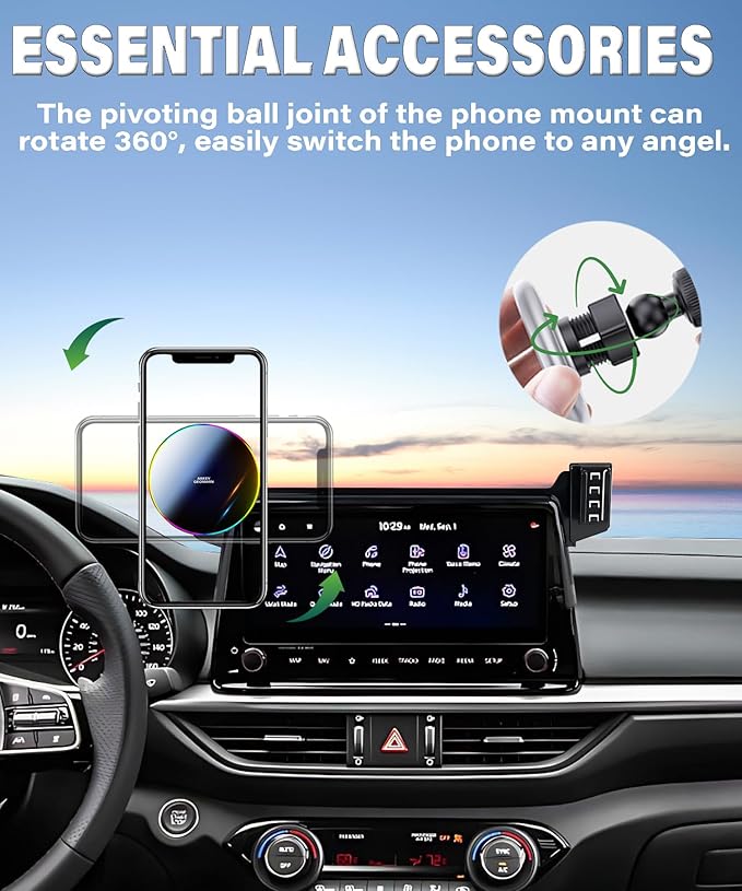 Car Phone Holder for Kia Forte 2022 2023 2024 Accessories Apply to 10.25 Inch Touchscreen 15W Fast Wireless Charger Screen Fixed Clip HandsFree Cell Phone Mount 360° Rotation