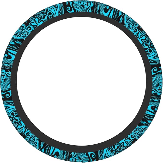 Hawaiian Polynesian Teal Tribal Car Steering Wheel Cover for Women Men 14-15 Inch Stretch Cloth Anti-Slip Wrap Protector Case Fit Universal Auto Accessories Decor Sweat Absorption
