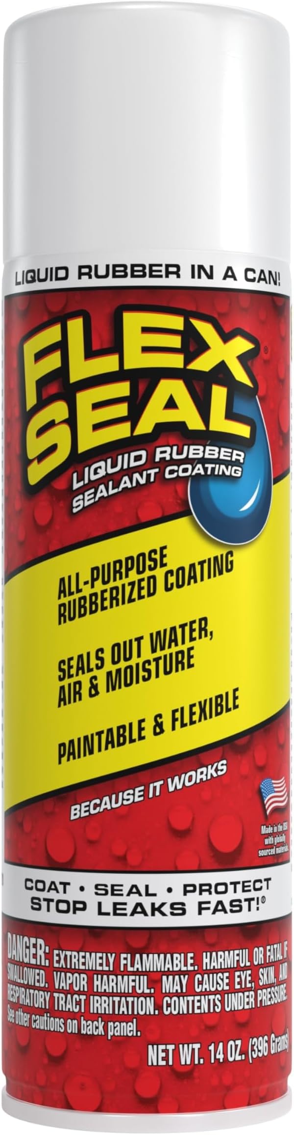 Flex Seal, 14 oz, White, Stop Leaks Instantly, Waterproof Rubber Spray On Sealant Coating, Perfect for Gutters, Wood, RV, Campers, Roof Repair, Skylights, Windows, and More