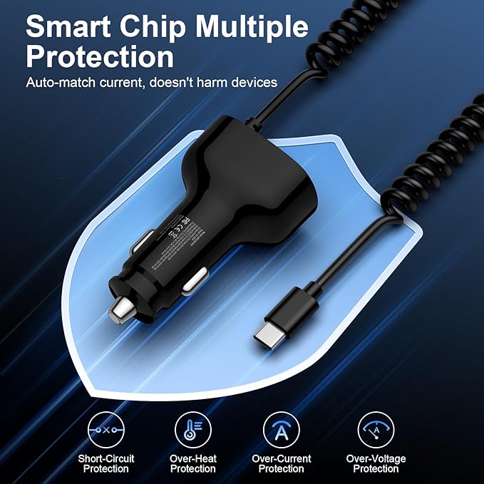 60W Type C Super Fast Samsung Car Charger for Galaxy S26/S25 Ultra/A17/Z Flip7/Fold7/A56/A16 iPhone 17 16e 16 Pro Max Pixel 10A, 4-Port USB C & USB A Car Phone Charger Adapter+4FT Type C Coiled Cable