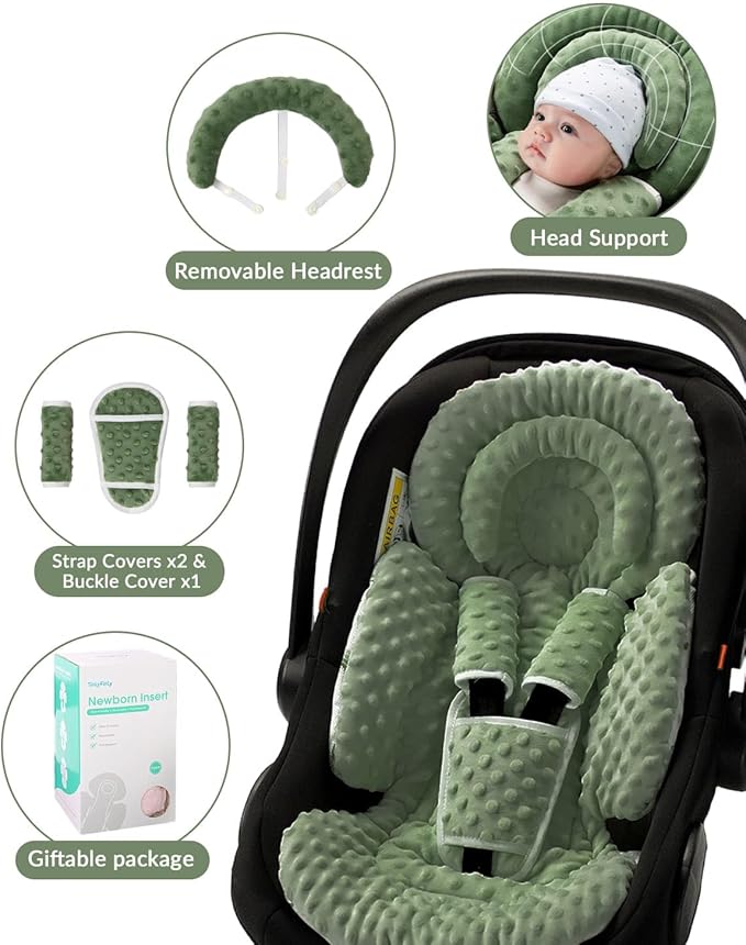 Infant Car Seat Insert with Extra Cushion for Preemie to Toddler, Reversible Newborn Carseat Insert for Baby Head Body Support, Fits for Stroller, Baby Swing, Bouncer - Dots, Dark Green