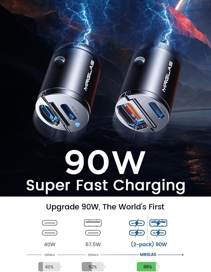MRGLAS 2-Pack 90W USB C Car Charger, Super Mini Metal USB C Car Charger Fast Charging Adapter [PD+QC]&[Dual PD],Cigarette Lighter Compatible with iPhone 17 16 15 Pro Max iPad Air Samsung S25 Ultra