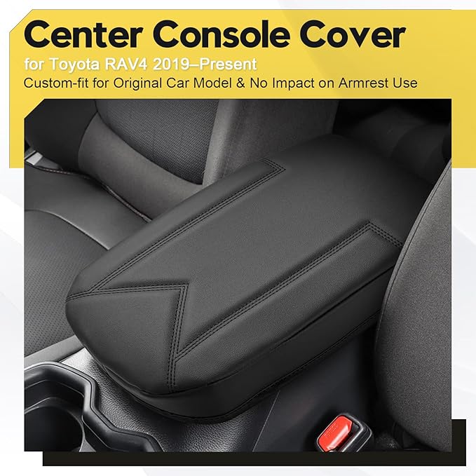 FIILINES Center Console Cover for Toyota RAV4 2019-2026 – PU Leather Armrest Protector Cushion Pad, Wear-Resistant Interior Accessories, Black