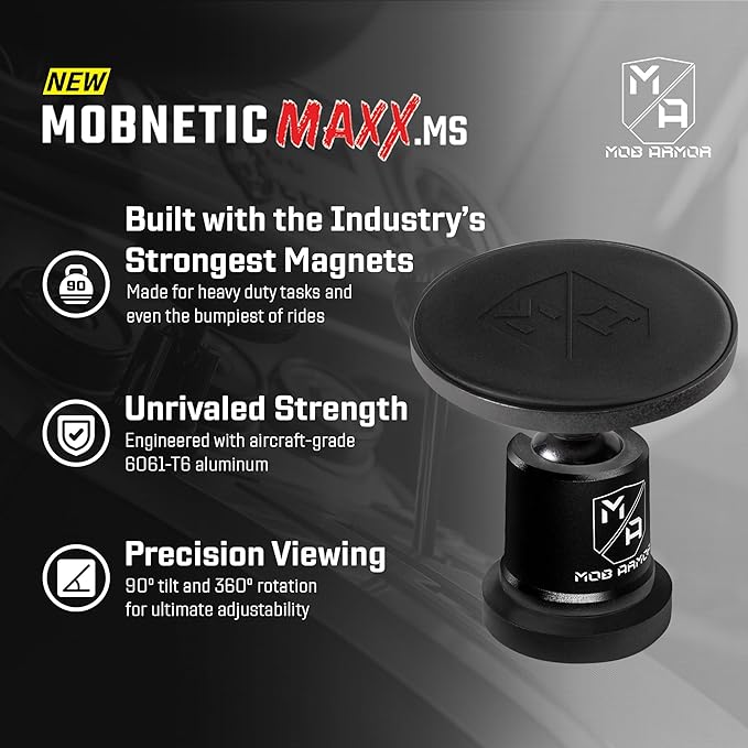 Mob Armor MobNetic Maxx MS - MagSafe Compatible Car Phone Mount w/ 90º Tilt, 360º Rotation & Durable Aluminum Build, Magnetic Holder for iPhone & Android Devices, USA Assembled - Black