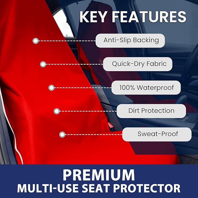 Dri Seats Waterproof Car Seat Cover – Premium Sweat Towel with Slip Resistant Backing for Front Seats in Cars, Trucks, SUVs – Universal Seat Covers & Liner, Easy Install (Red, Large)