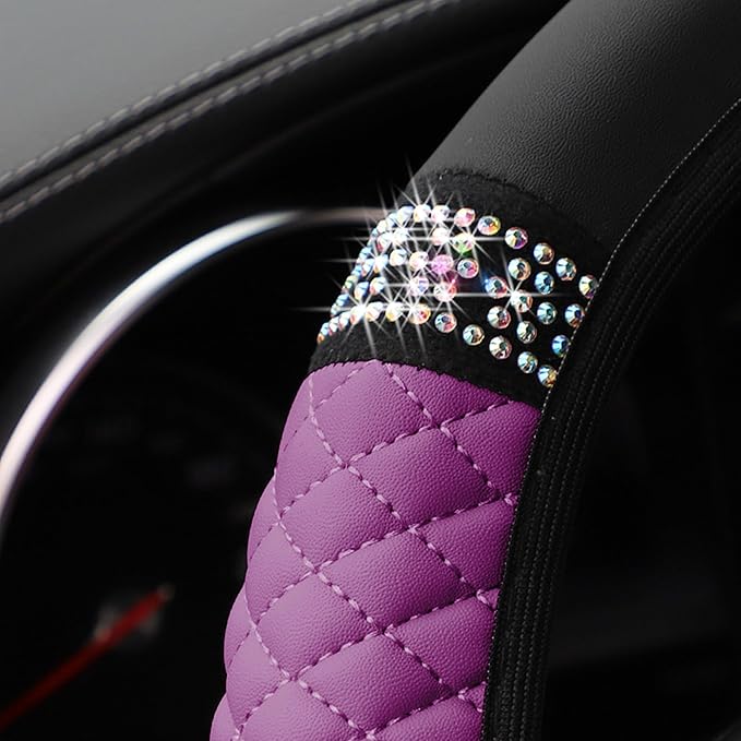 Bling Car Steering Wheel Cover, 15 Inch Rhinestones Soft Leather Elastic Steering Wheel Protector, Sparkly Crystal Diamond for Women Girls, Car Interior Accessories for Most Cars (Purple)