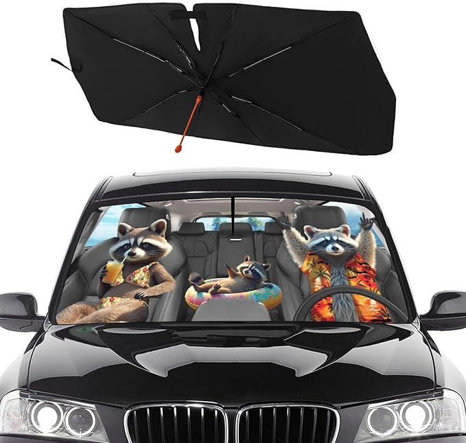 Socira Funny Raccoon Car Windshield Sunshade Umbrella Foldable Visor Umbrella Sun Shade Cover Racoon Sunshade Front Window Cover Raccoon Car Accessories Blocks Uv Rays (57" X 30")