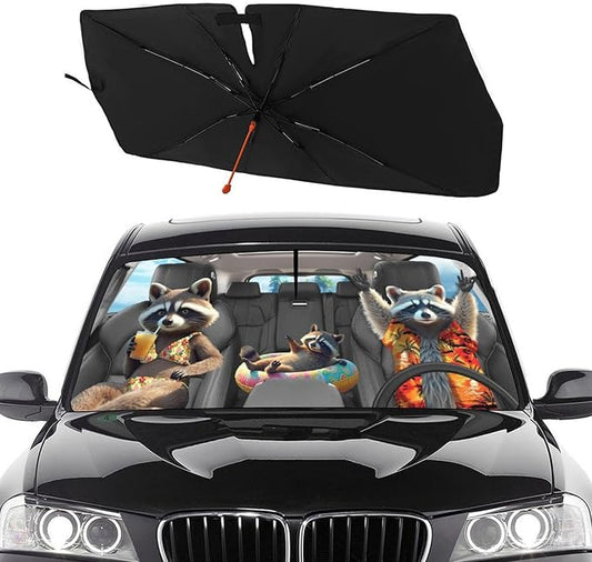 Socira Funny Raccoon Car Windshield Sunshade Umbrella Foldable Visor Umbrella Sun Shade Cover Racoon Sunshade Front Window Cover Raccoon Car Accessories Blocks Uv Rays (57" X 30")