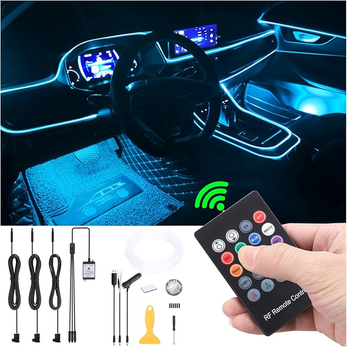 Car Atmosphere Light Kit 4m Fiber Optic RGB Multicolor Sound Active Music Sync Memory Function RF Remote Controller USB Car Interior Ambient Lighting Kit DC 12V