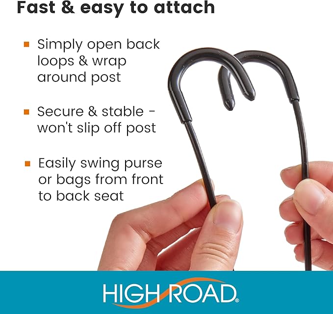 High Road Unbreakable Car Bag Hooks - Large Car Seat Hooks for Purse, Backpack, Coats, Hats and Heavy Bags up to 40 lbs - Secure Attachment Fits All Headrest Posts, 6-Pack