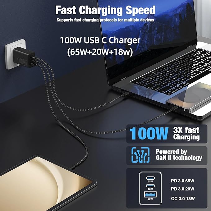 65W Super Fast Charger Type C for Samsung,3 Port 100W PD Quick Charging 3.0 USB C Block & 3/6/10/10FT Braided Type C Cord for Samsung Galaxy S26 Ultra/S26/S25 Ultra/S24/Android/iPhone 17/Laptop-White