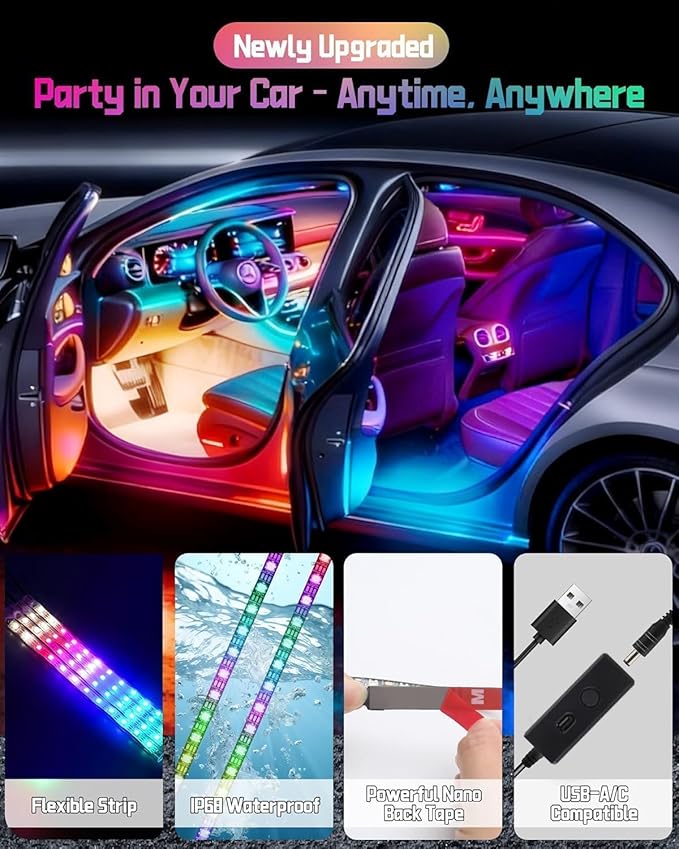 Led Lights for Car Accessories Interior, RGB+IC 48 LED Car Interior Light, 16 Million Colors Strip Light, APP Remote Control with USB Port Color Change Under Dash Lighting for SUVs, Trucks