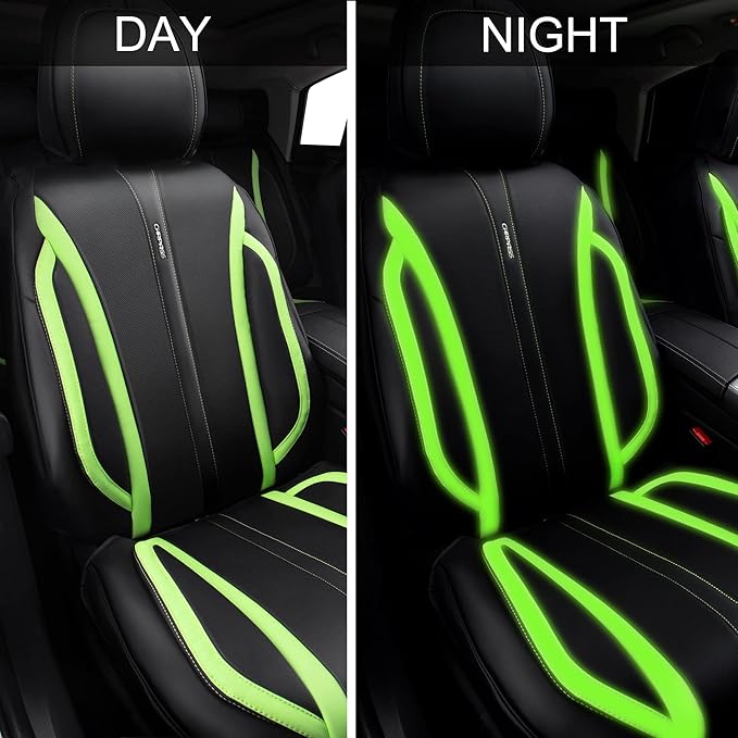 CAR PASS Fluorescent Green & Nappa Leather Seat Covers Full Set, with Backrest Cushion Protector Waist Protection Universal Fit for SUV Pick-up Truck, Automotive Vehicle Interior (Black Green)