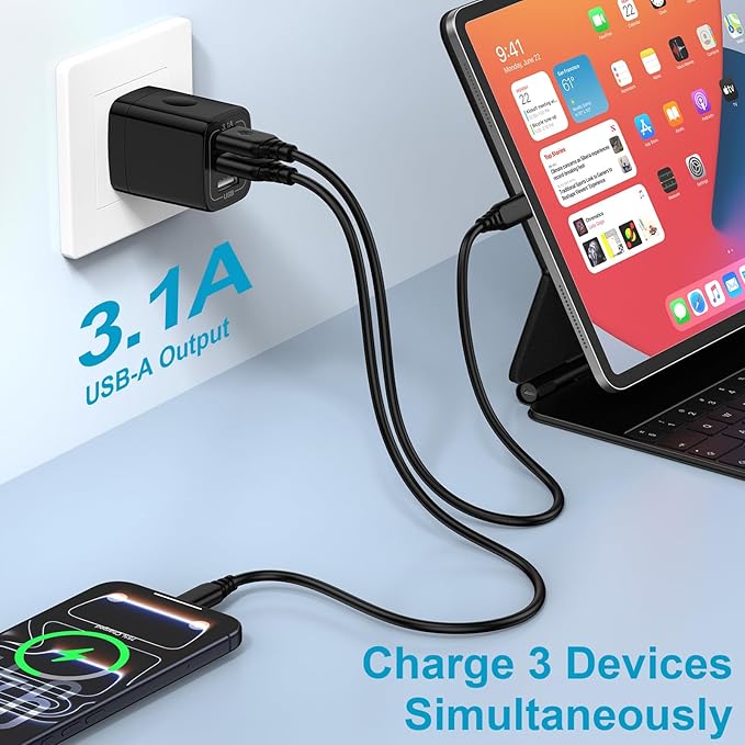 USB Wall Charger 2Pack Wall Plug 3-Multi Port Quick Charger Block Cube 3.1A Power Adapter for iPhone 17e 17 Pro Max Air 16e 16 15 14 13 12 Pro Max XS 8 iPad Samsung Galaxy S26 S25 S24 S23/Note20 Ultra
