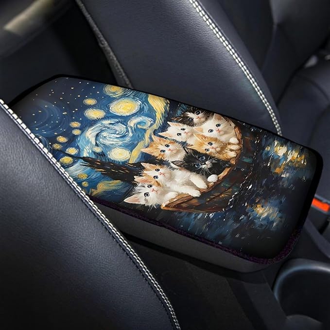 Auto Center Console Pad Oil Painting Starry Sky Cats Car Armrest Cushion Covers, Protect from Pet Claws, Dirt, and Sticky Fingers