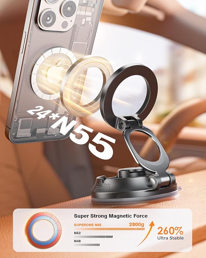 SUPERONE Magnetic Suction Cup Phone Holder for Magsafe, [88+LBS Ultra Grip & 2800gf Magnetic Power] 360° Adjustable Car Phone Mount, Cell Phone Holders for Your Car for iPhone 17 16 15 14 13 12 Series