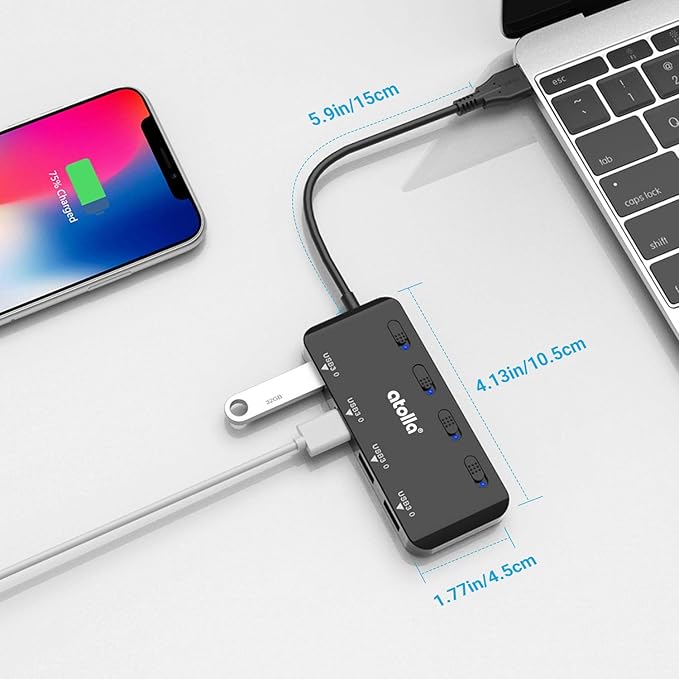 USB 3.0 Hub 4-Port with Individual Switches, Ultra-Slim High-Speed Data Expander, 5Gbps USB Splitter for Laptop, PC, Keyboard, Mouse, Flash Drive – LED Indicators, Plug & Play