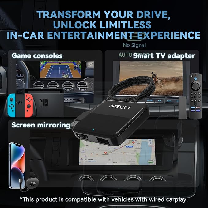 MINIX Car TV Mate Only for Cars with Factory Wired CarPlay Function HDMI Converter HDMI Multimedia Adapter for Fire TV Stick Gaming Laptop Switch Screen Throwers DVD Set-top Boxes 2.4GHz WiFi