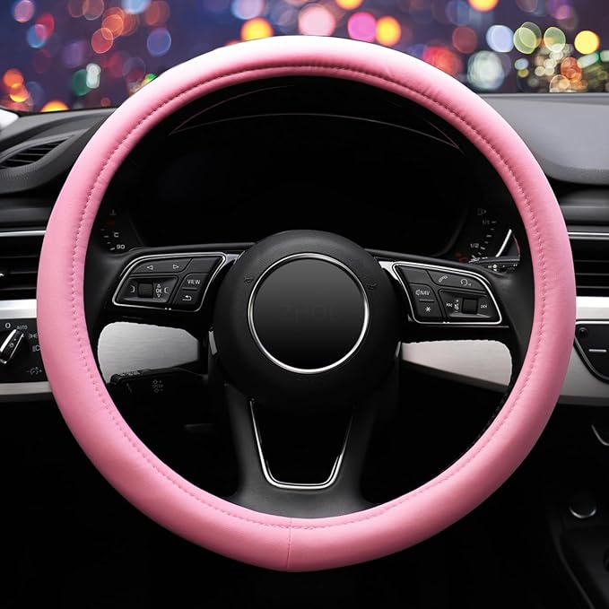 ZHOL Pink Steering Wheel Cover, Universal 15 inch Microfiber Breathable Ice Silk Anti-Slip Car Wheel Protector, Warm in Winter Cool in Summer
