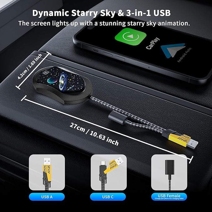 Wireless Android Auto & CarPlay Adapter, Plug and Play, No Lag, USB Type-A & C Support with Charging Port, Mini 3 in 1 Wireless Adapter Compatible with Cars with Wired CarPlay/Android Auto