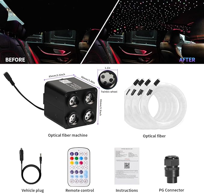 36W 4-Color RGBW Car Starlight Headliner Kit, 560pcs0.03in9.8ft, Twinkle & Sound Activate 4-Port Fiber Optic Light Engine with Bluetooth APP&Remote Control, Star Lights for Car and Home