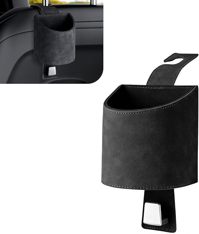 Car Headrest Cup Holder Organizer, Faux Leather Suede 2-in-1 Backseat Drink Holder with Hooks, Stable Spill-Resistant Storage for Drinks Bottles Bags, Universal Auto Interior Accessory (Black)