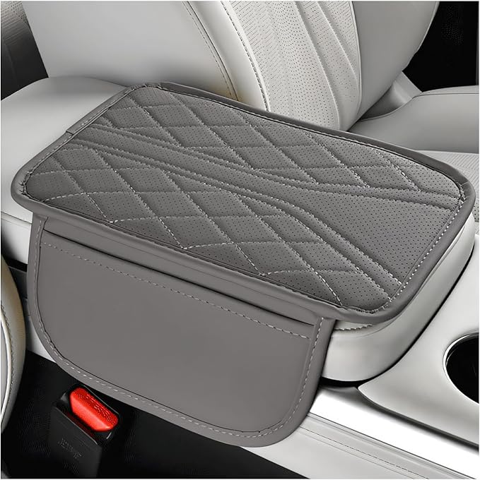 Car Center Console Cover, Leather Auto Armrest Cushion Pad with Two Storage Pockets, Waterproof Arm Rest Box Mat Protective Cover for Sedan SUV Truck, Car Accessories (Gray)