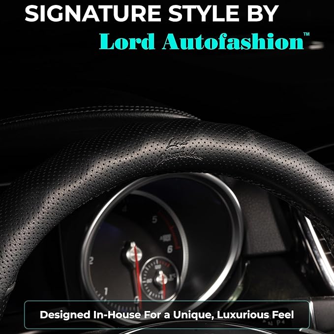 Lord Autofashion Steering Wheel Cover – PU Leather, Non-Slip Rubber Inner, All-Season Comfort – 14.5–15 Inch (Black 8571)