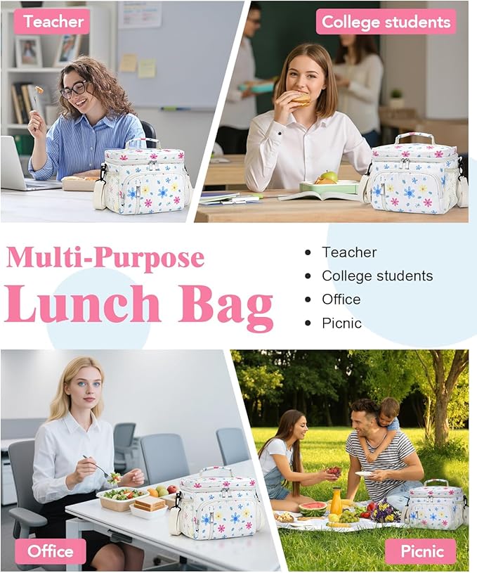 Insulated Lunch Bag for Men & Women, 9L Leakproof Lunch Box Soft Cooler Tote with 5 Pockets, 600D Oxford, EVA Lining, Adjustable Strap for Work, Picnic, Beach&Travel-Corduroy Colored Flowers