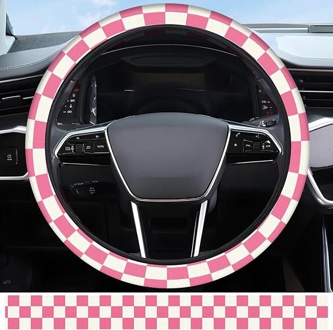 Elastic Car Steering Wheel Cover, Universal 16 inch Non-Slip Breathable Neoprene Steering Wheel Protector, Car Accessories for Women Men Fit Auto, Suvs, Truck Pink Checkerboard
