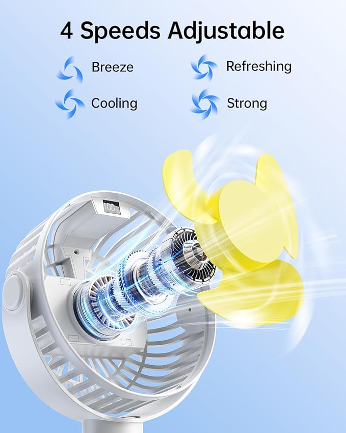 SWEETFULL Portable Stroller Fan with LED Display, 4 Speed Rechargeable Mini Clip On Fan, 360° Rotate Flexible Tripod Better Cooling Small Baby Fan for Car Seat Crib Travel Bike Treadmill (White)