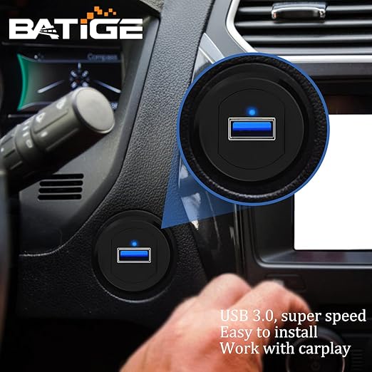 BATIGE Alloy Single Port USB 3.0 Dashboard Port Car Mount Flush Cable, Male to Female Waterproof Extension Cable for Car Truck Boat Motorcycle with LED Indicator 1ft