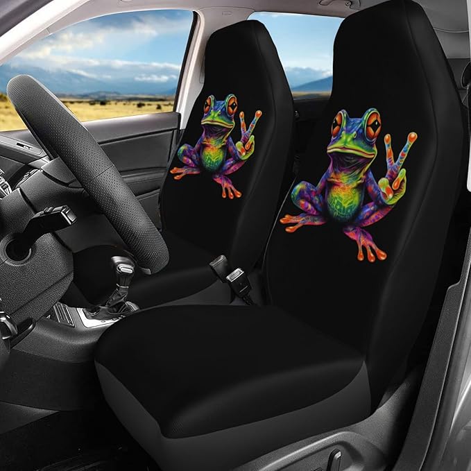Delerain Car Seat Covers Set 2Pcs, Colorful Peace Frog Universal Front Car Seats Vehicle Enterior Protector Suitable Fits Most Car Auto SUV Sedan Truck