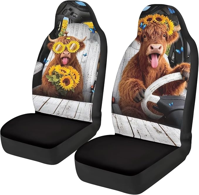 Highland Cow Car Front Seat Covers Set of 2 Nonslip Car Seat Covers Front Seats Only Stretch Polyester Fabric Cover Cars Seats Covers Protector for Cars Sedans SUVs