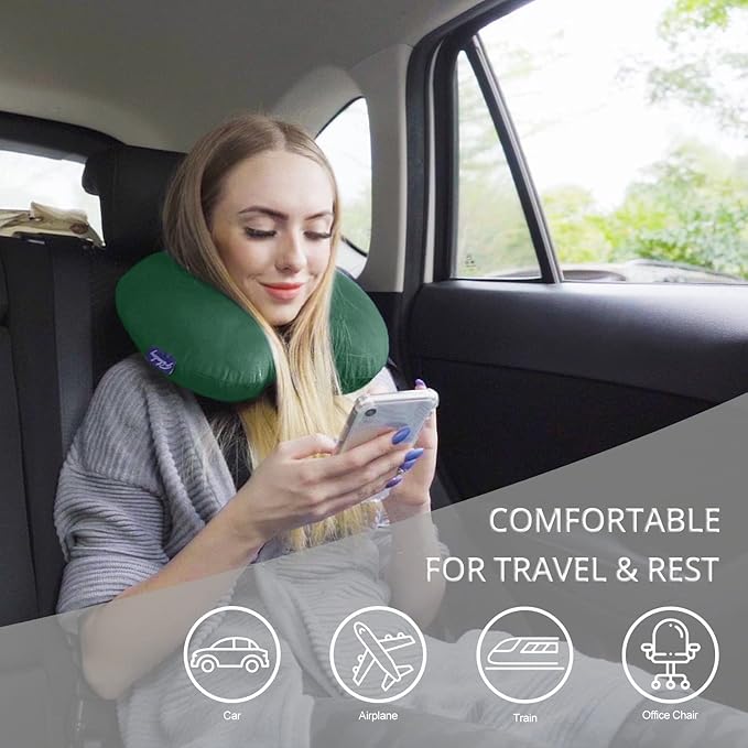 Neck Pillow for Travel Memory Foam - Travel Pillows for Sleeping Airplane with Attachable Snap Strap Soft Washable Cover, Flight Pillow for Traveling, Car, Provide Head Neck Support Dark Green