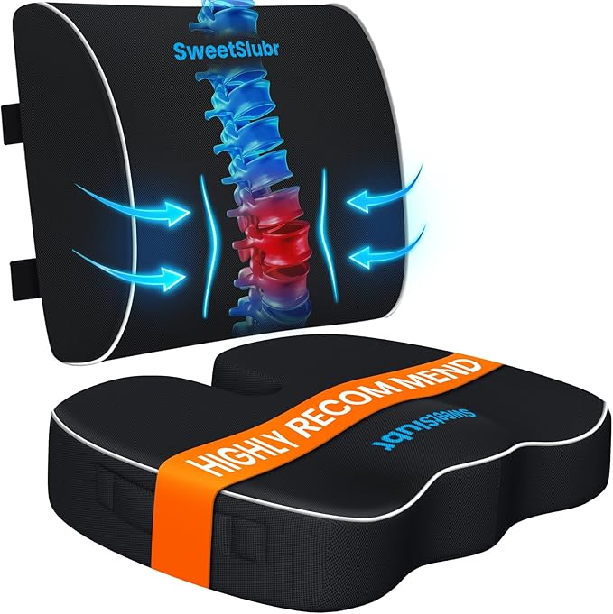 Memory Foam Seat Cushion & Lumbar Support Pillow Set – Extra Large Orthopedic Cushion for Office Chair, Car, Home. Enhanced Comfort & Tailbone Relief for Long Sitting Hour Black/X-Large