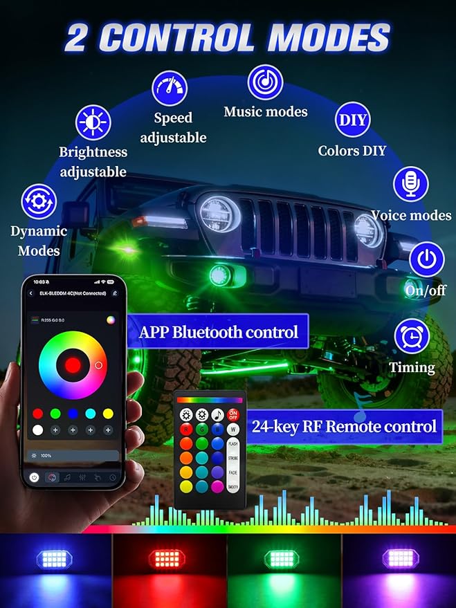 8 Pods RGB LED Rock Lights with APP/RF Remote Control High Brights Waterproof Underglow Multicolor Zone Neon Exterior Rock Lights for 12V Trucks Jeep UTV ATV RZR Offroad Pickup SUV Accessory
