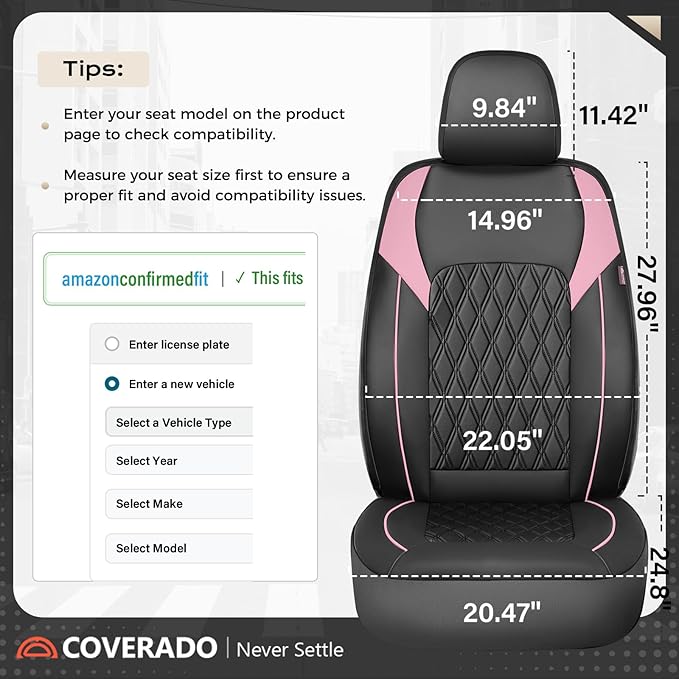 Coverado Leather Seat Covers, Waterproof Car Seat Covers Front Seats, Luxury Front Car Seat Covers Faux Leather Car Seat Protector, Automotive Car Seat Covers Universal Fit Most Cars Truck, Black&Pink